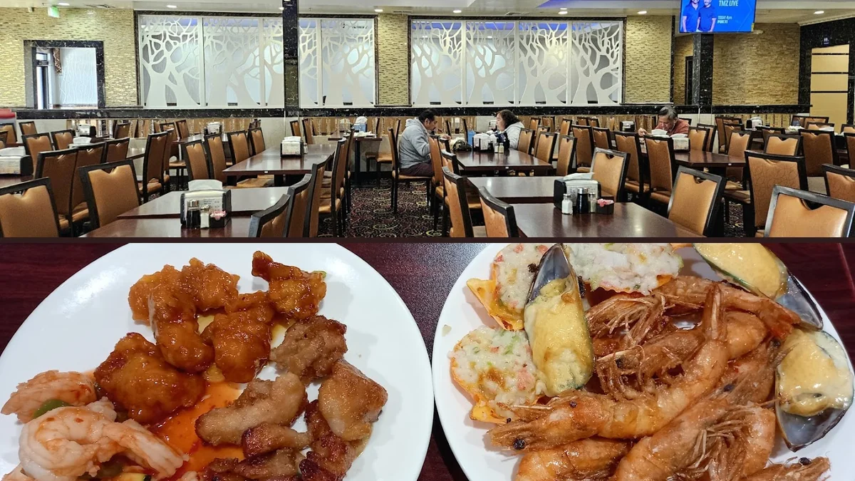 Salad bar beside warm buffet stations