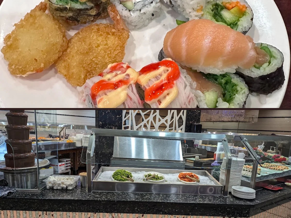 Salad bar beside warm buffet stations